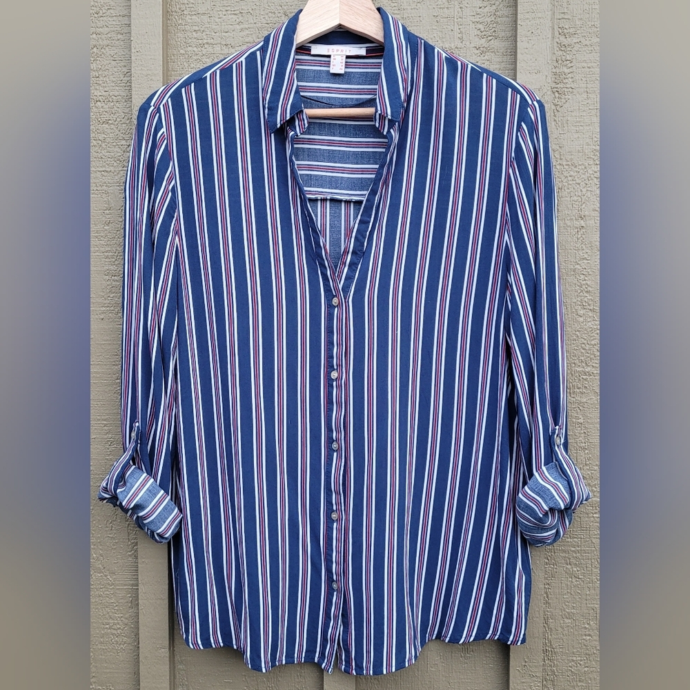 Esprit Button-Down Y-neck Blous In Red, White, & Navy Blue Vertical Stripes
